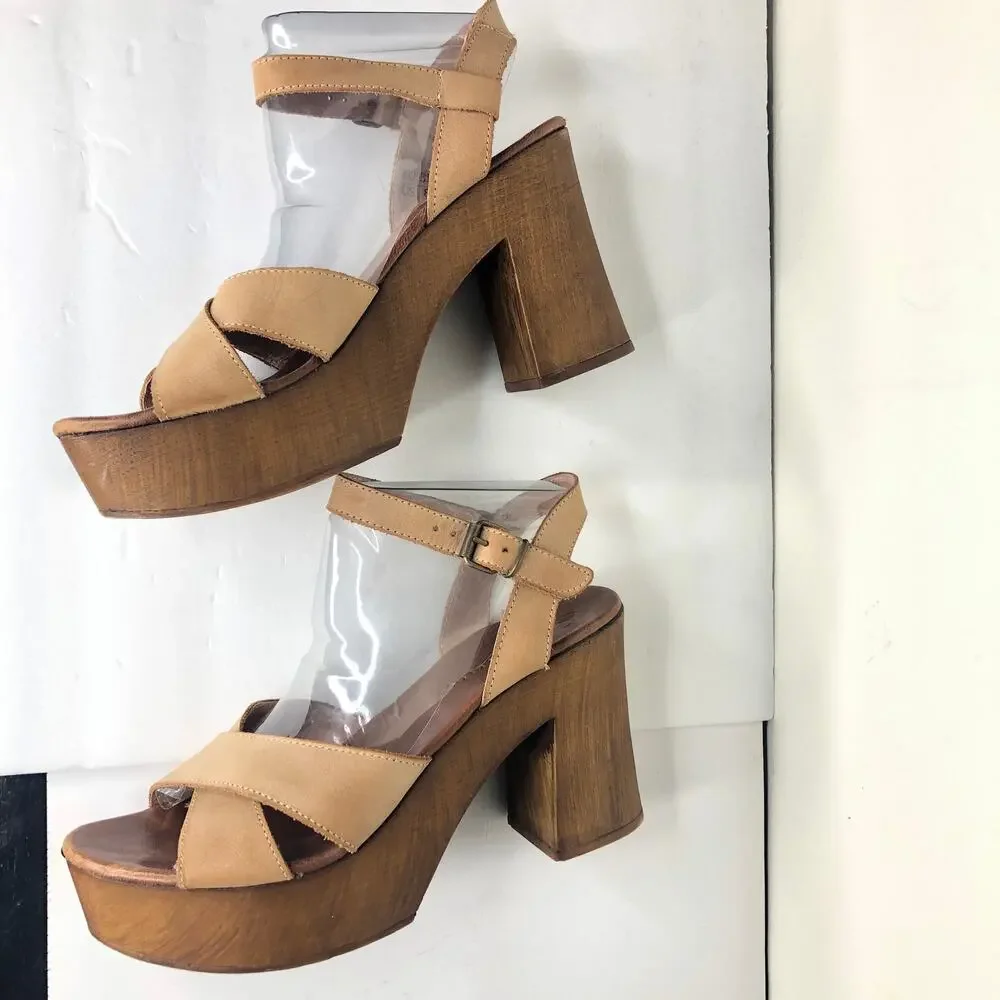 Anthropologie Musse & Cloud Sandal Platform Wood Heel Tan Leather Cross Strap 39
